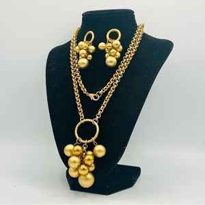 Vintage gold tone 32” chain necklace sphere bead pendant pierced dangle earrings